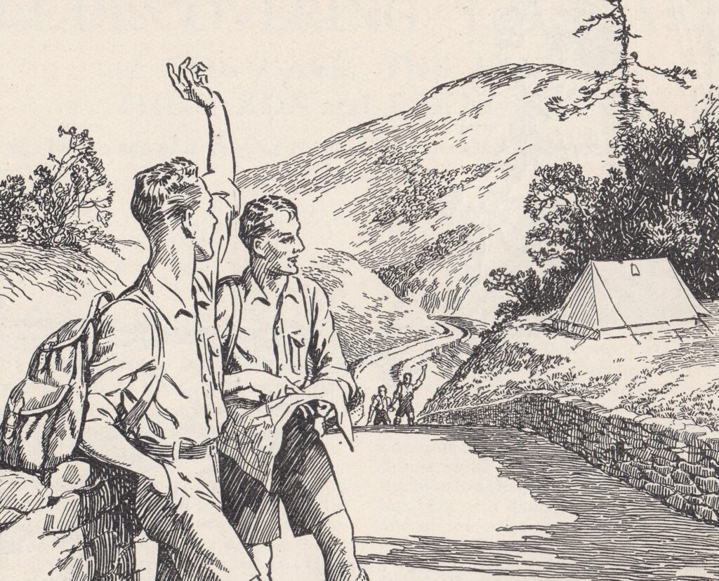 Bukta Campedia advert from the Hiker and Camper Magazine 1930, showing two hikers with a tent in the background.